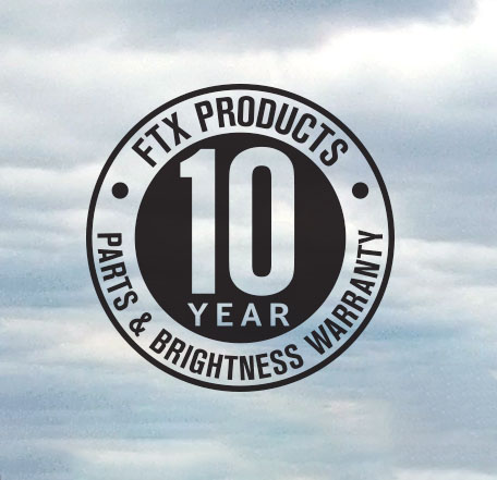 FTX products 10-year parts and brightness warranty badge
